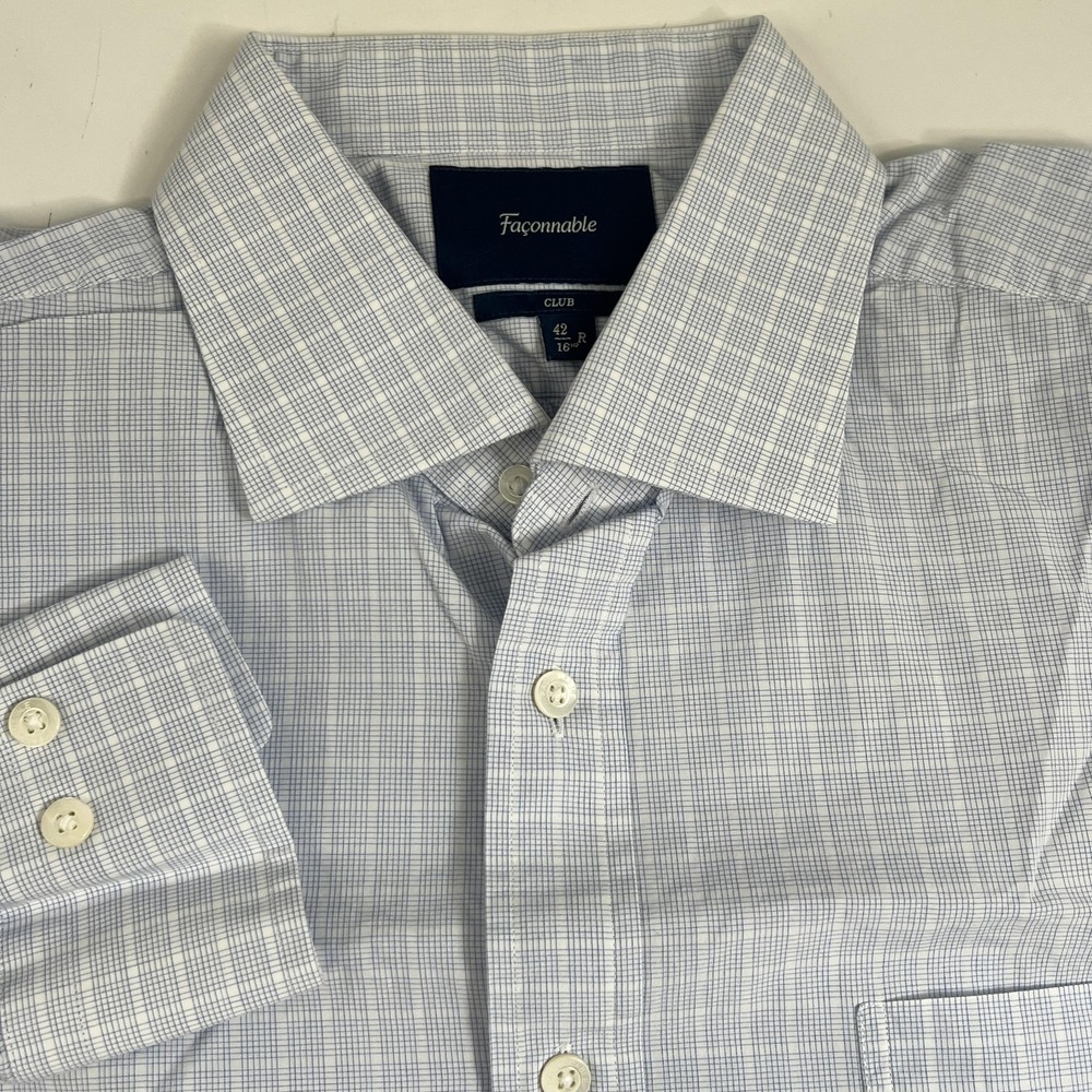 Faconnable Shirt Mens 16.5 Blue Check Dress Long Sleeve Button Front Classic‎